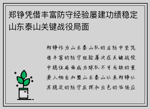 郑铮凭借丰富防守经验屡建功绩稳定山东泰山关键战役局面 郑铮凭借丰富防守经验屡建功绩稳定山东泰山关键战役局面