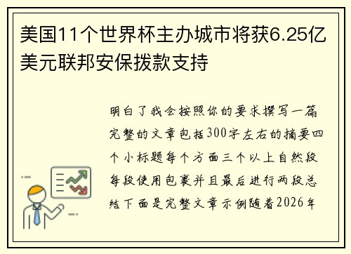 美国11个世界杯主办城市将获6.25亿美元联邦安保拨款支持
